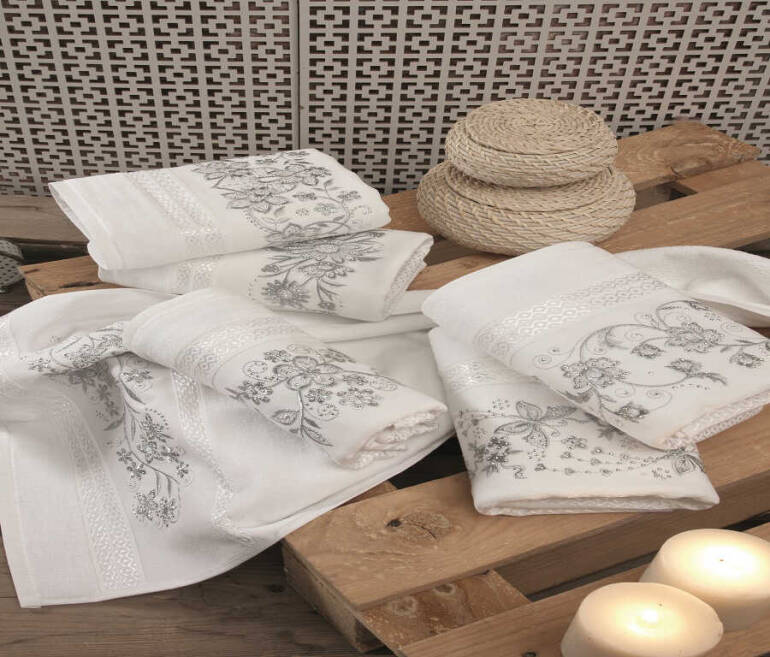 FİESTA REYHAN,FRUZE,SARMAŞIK,KARANFİL BUKLE NAKIŞLI GÜMÜŞ TAŞLI HAVLU/6 LI PK/50X90/310-1 - 1