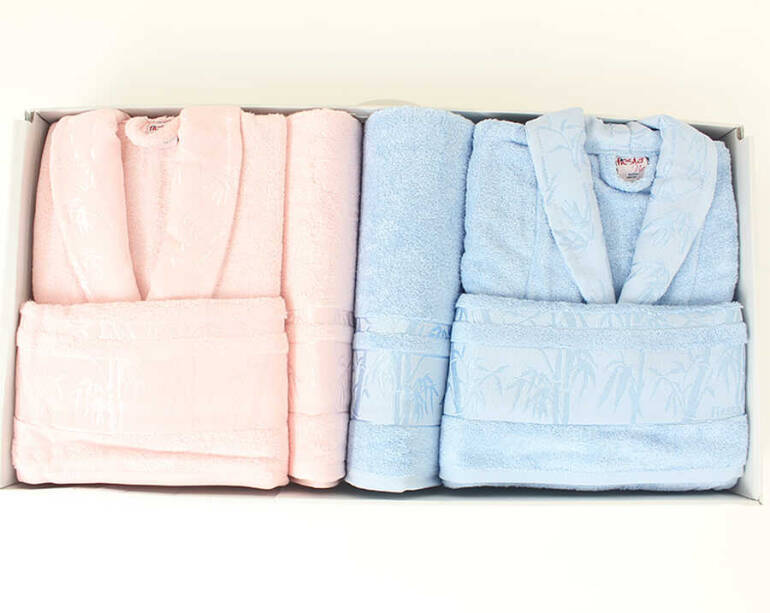 FİESTA VİP BAMBU JAKARLI BORNOZ SETİ/6 PARÇA KUTULU/531/2 Pembe-Mavi - 1